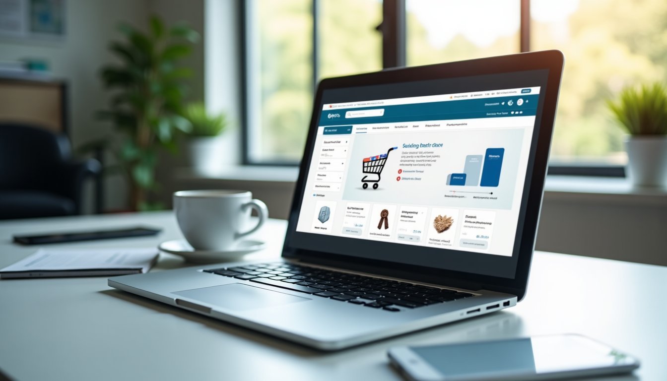 Workspace com laptop exibindo painel de loja virtual e elementos de interface de e-commerce
