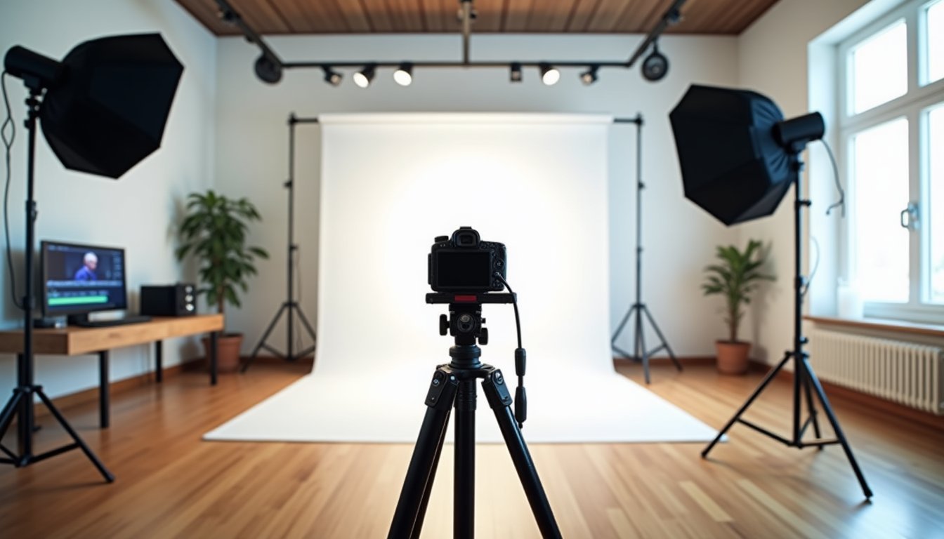 Estúdio de gravação de vídeos profissional com câmera em tripé, iluminação softbox e fundo neutro, representando produção de marketing com vídeos