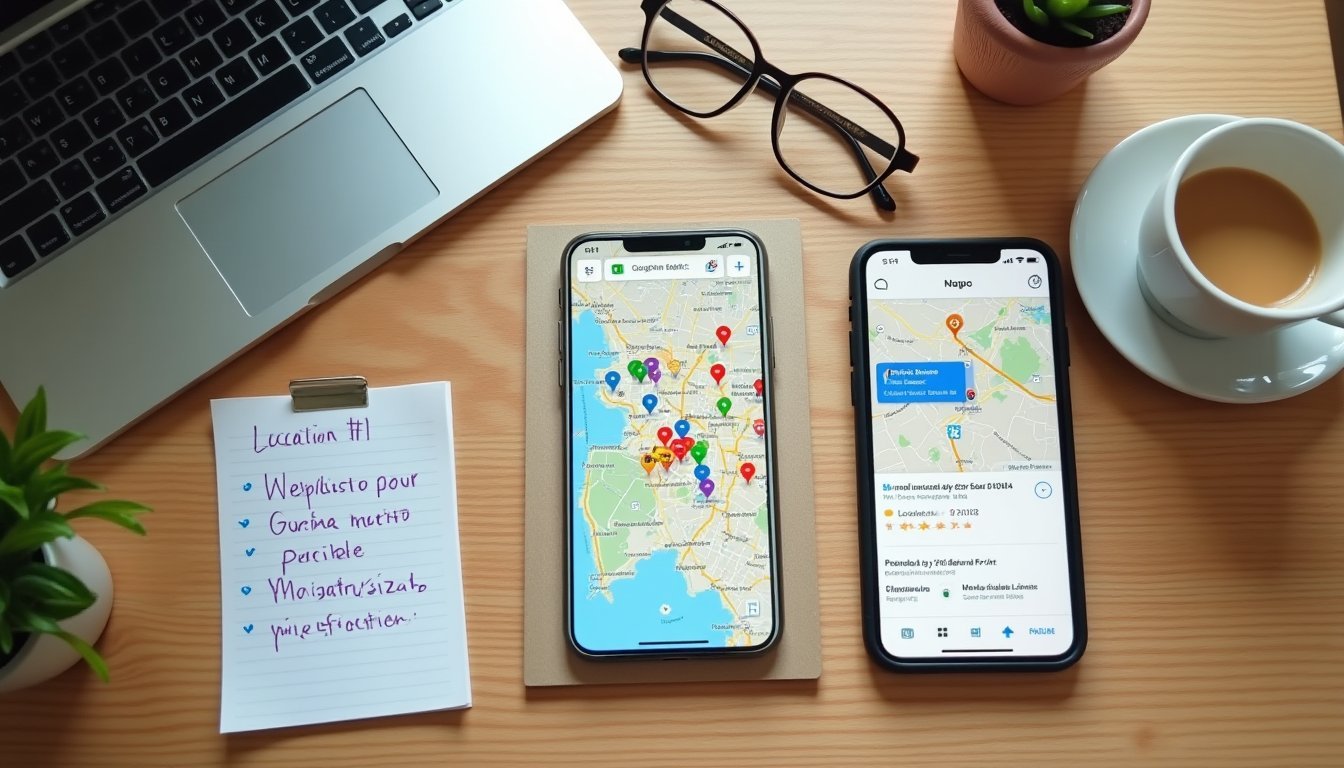 Mesa de trabalho vista de cima com smartphone mostrando Google Maps, mapa impresso de cidade com destaques em bairros, bloco de notas com palavras-chave de localização e notebook, representando pesquisa de palavras-chave para SEO local