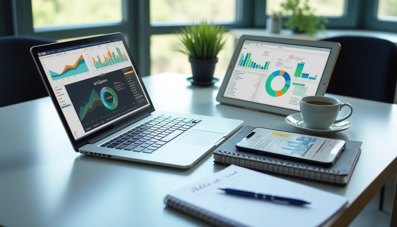 Mesa de trabalho com laptop exibindo dashboard de métricas de marketing digital, tablet, smartphone e caderno de anotações