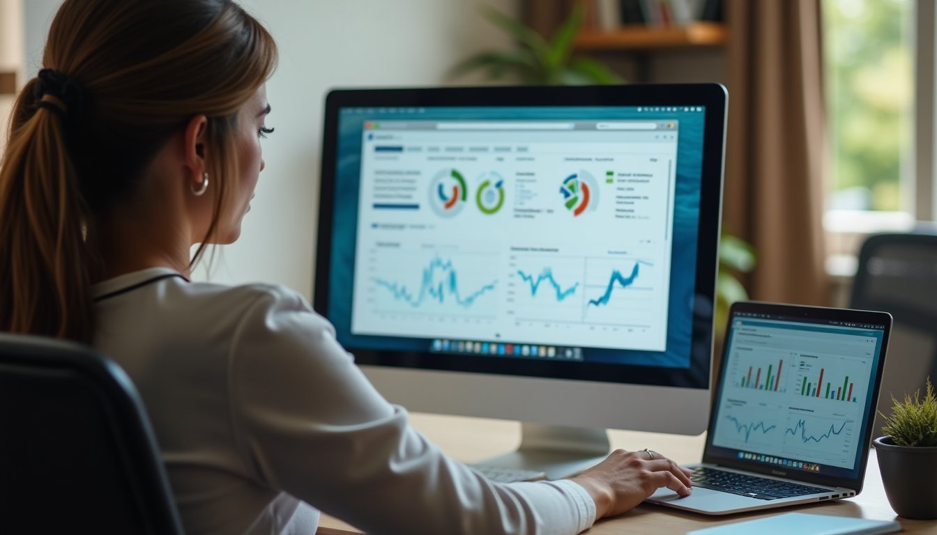 Mesa de trabalho com notebook exibindo dashboard de métricas de ROI e gráficos de desempenho de marketing digital