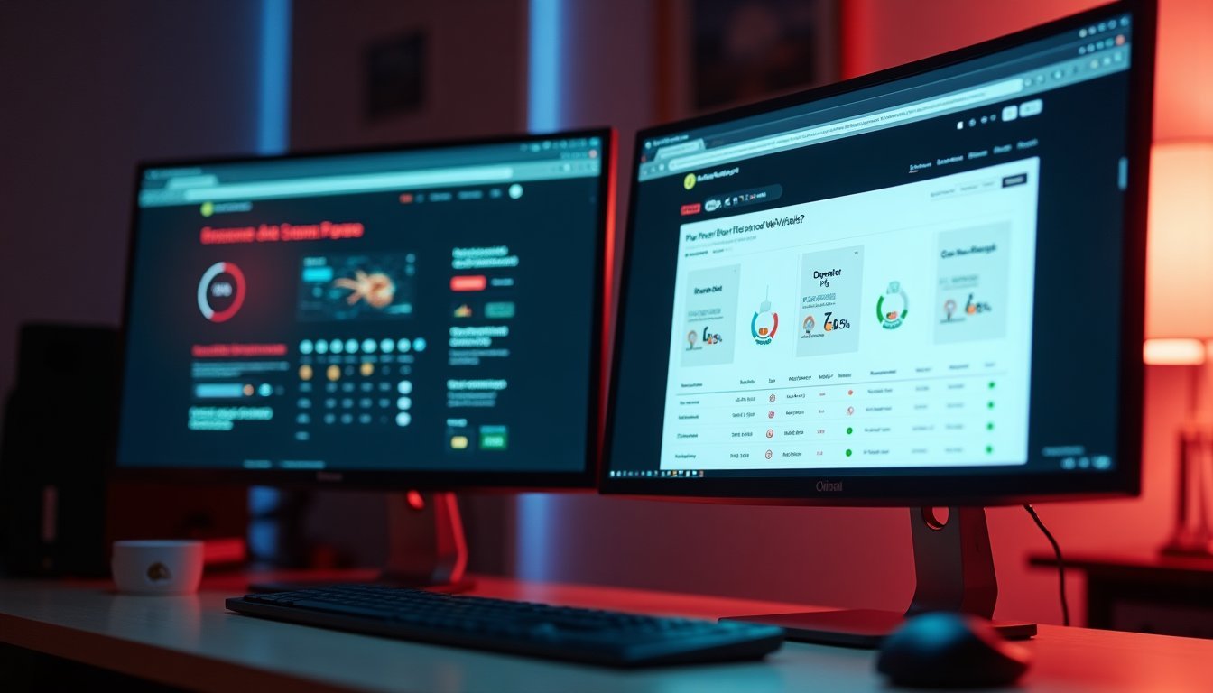 Dois monitores lado a lado mostrando comparação entre site antigo com problemas de performance e site moderno redesenhado com métricas positivas