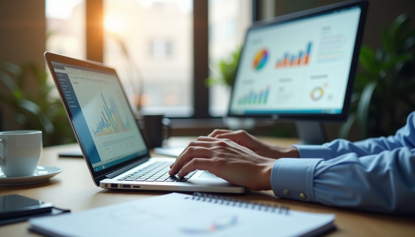 Profissional trabalhando em estratégia digital com tela dividida mostrando métricas de inbound marketing e tráfego pago lado a lado