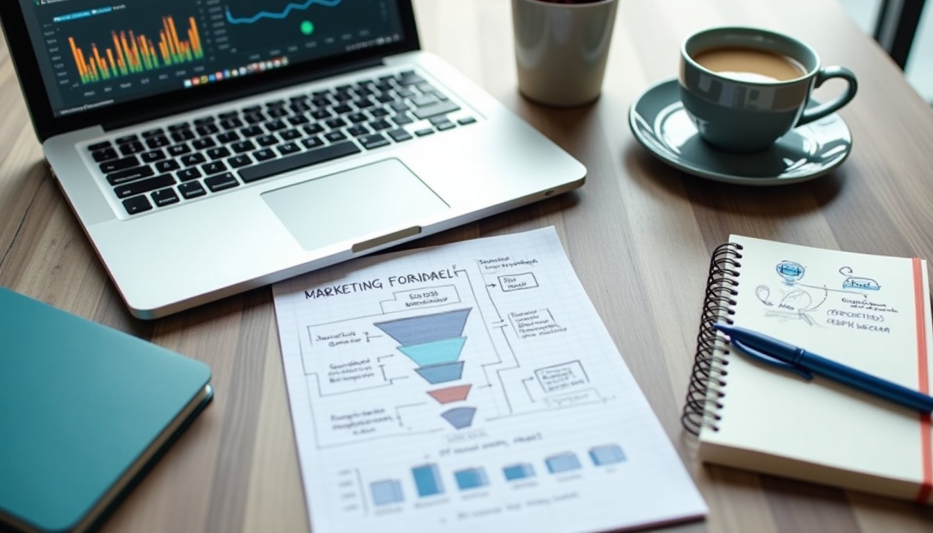 Mesa de trabalho profissional com notebook exibindo painel de análise de inbound marketing, caderno de estratégias e diagrama de funil de vendas