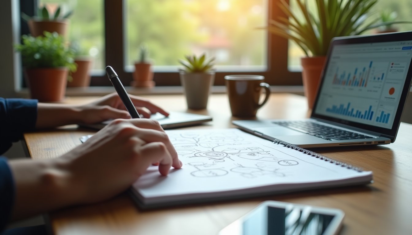 Mãos trabalhando em estratégia de inbound marketing em mesa de madeira, com notebook mostrando dashboard de conversão e caderno com esboços de funil