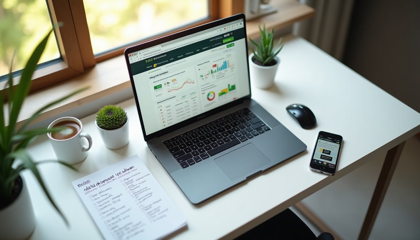 Vista superior de laptop exibindo painel de métricas de otimização de site com gráficos de desempenho, notebook e smartphone em mesa de trabalho moderna