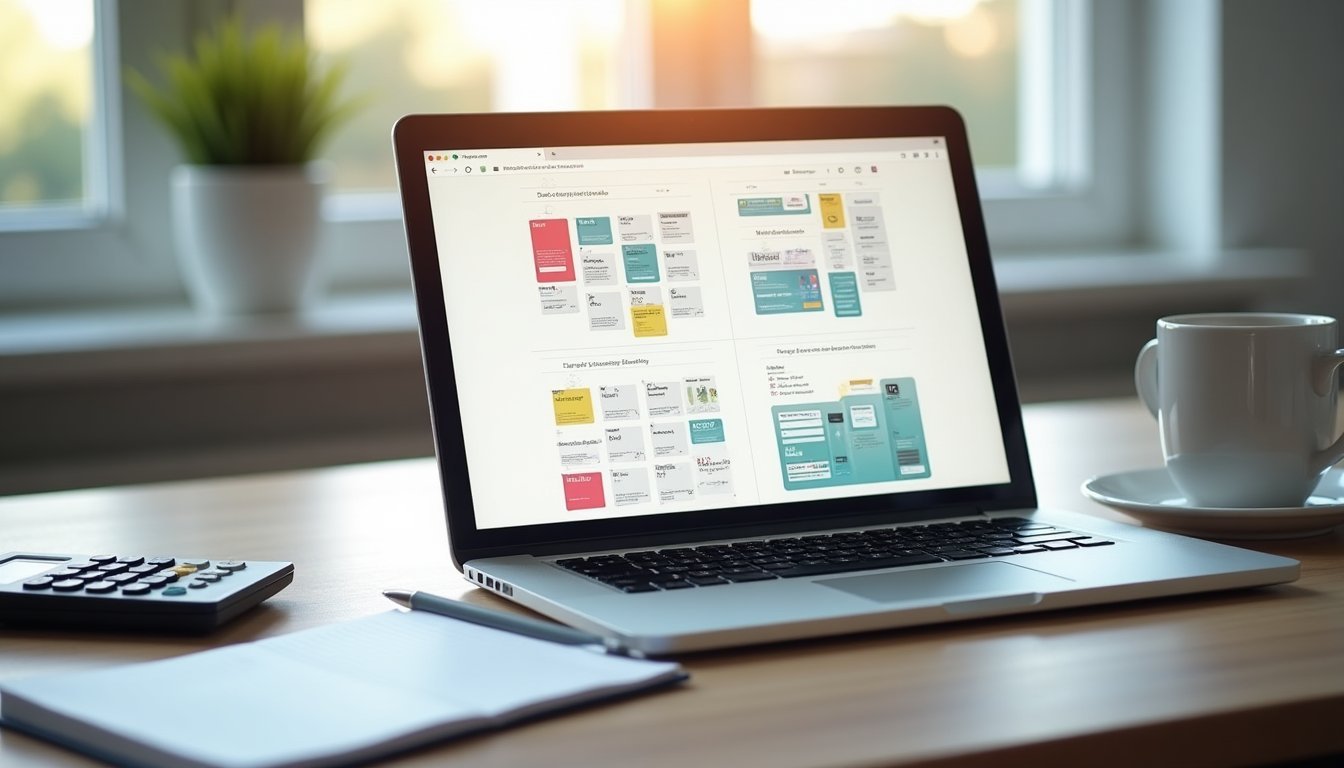 Mesa de trabalho com laptop exibindo wireframes de site, calculadora e anotações de orçamento, representando planejamento de investimento em criação de site profissional