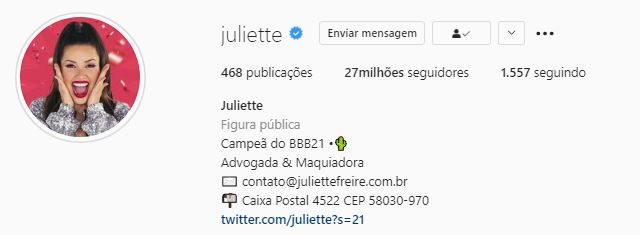 Juliette nas redes sociais