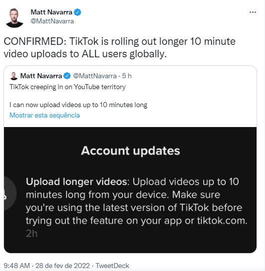 TikTok passa a ter vídeos de até 10 minutos TikTok passa a ter vídeos de até 10 minutos